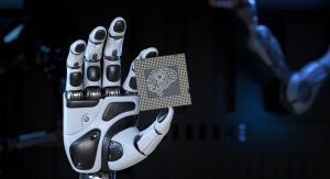 Robot's Hand Holding an Artificial Intelligence Computer Processor Unit